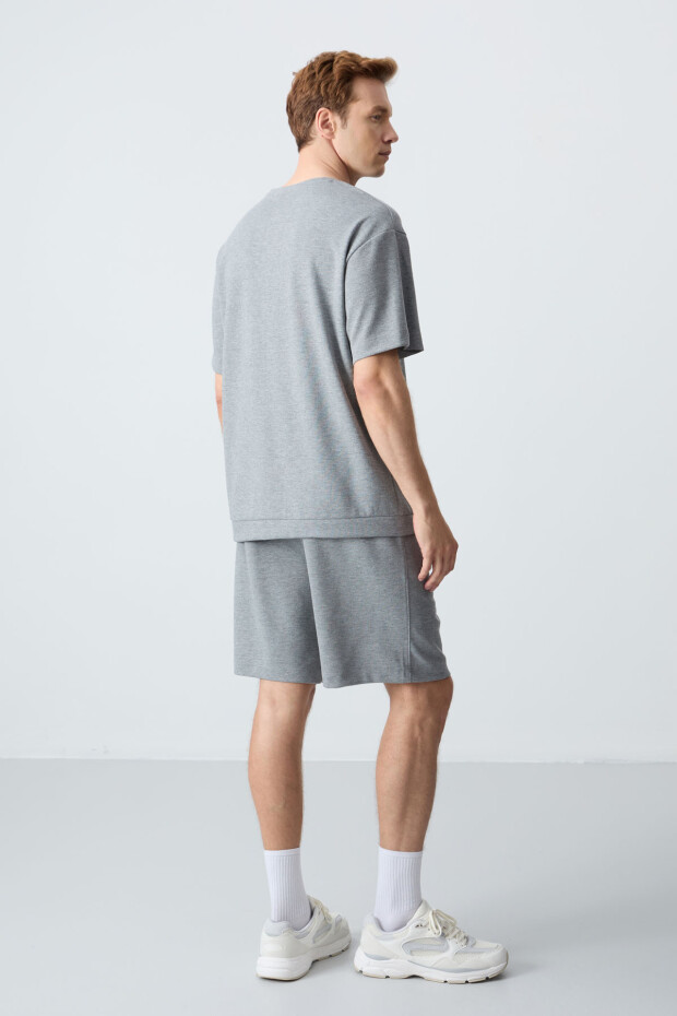 Gri Melanj Pamuklu Kalın Yumuşak Dokulu Oversize Fit Basic Erkek Şort Takım - 85257 - 8