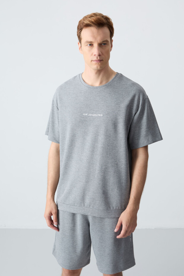 Gri Melanj Pamuklu Kalın Yumuşak Dokulu Oversize Fit Basic Erkek Şort Takım - 85257 - 7