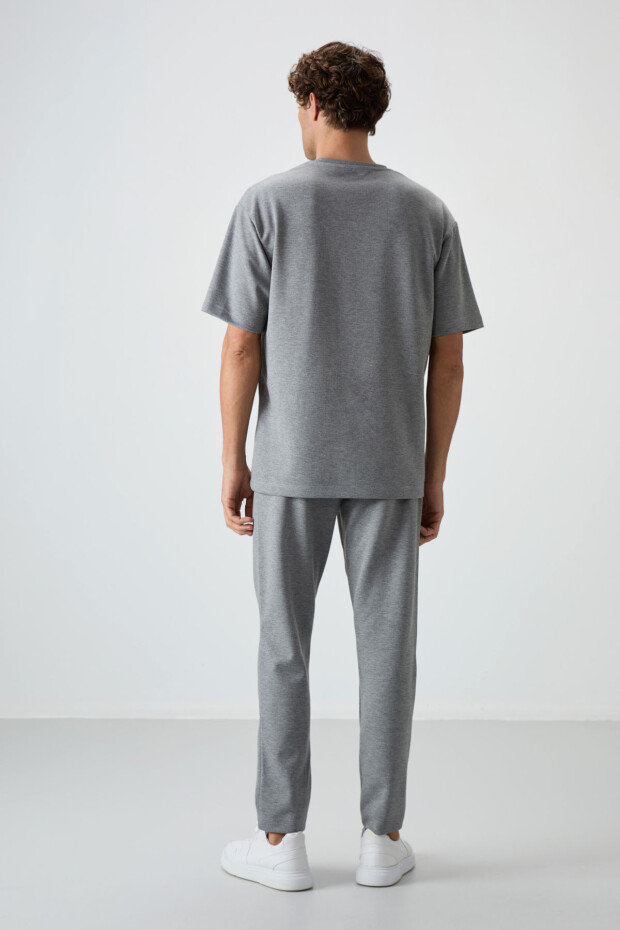 Gri Melanj Pamuklu Kalın Yumuşak Dokulu Oversize Fit Nakışlı Erkek Eşofman Takım - 85252 - 8
