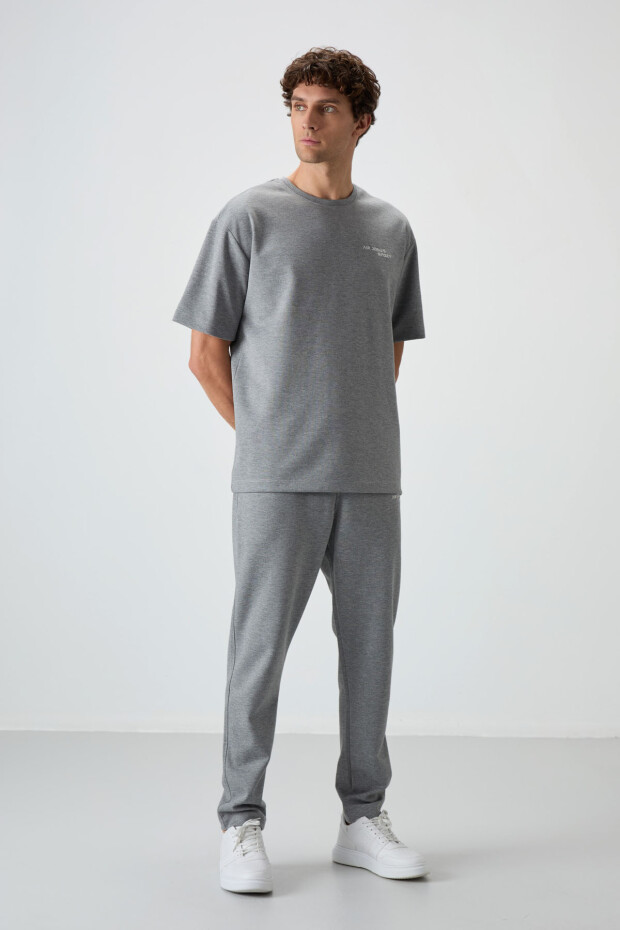 Gri Melanj Pamuklu Kalın Yumuşak Dokulu Oversize Fit Nakışlı Erkek Eşofman Takım - 85252 - 4