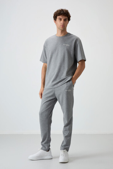Gri Melanj Pamuklu Kalın Yumuşak Dokulu Oversize Fit Nakışlı Erkek Eşofman Takım - 85252 