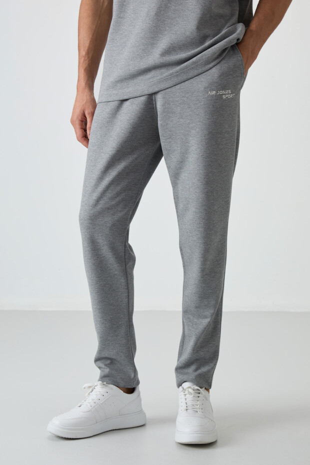 Gri Melanj Pamuklu Kalın Yumuşak Dokulu Oversize Fit Nakışlı Erkek Eşofman Takım - 85252 - 6