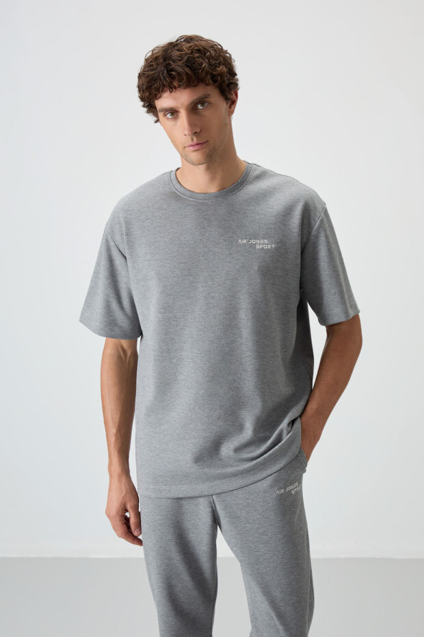 Gri Melanj Pamuklu Kalın Yumuşak Dokulu Oversize Fit Nakışlı Erkek Eşofman Takım - 85252 - 7