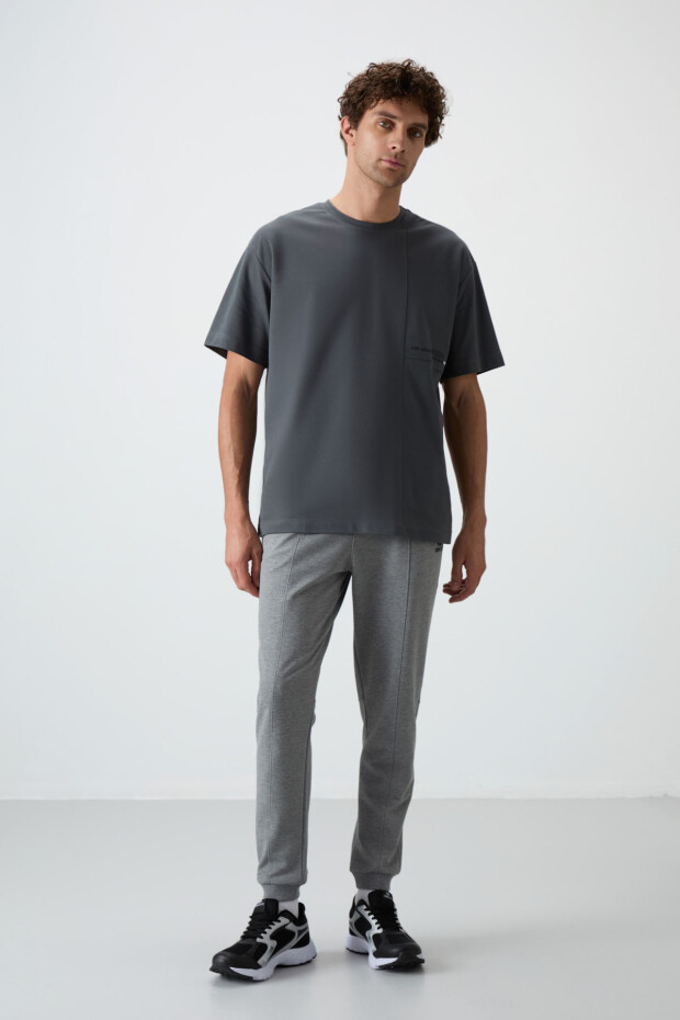 Gri Melanj Pamuklu Yumuşak Dokulu Comfort Fit Nakışlı Erkek Jogger - 82123 - 2