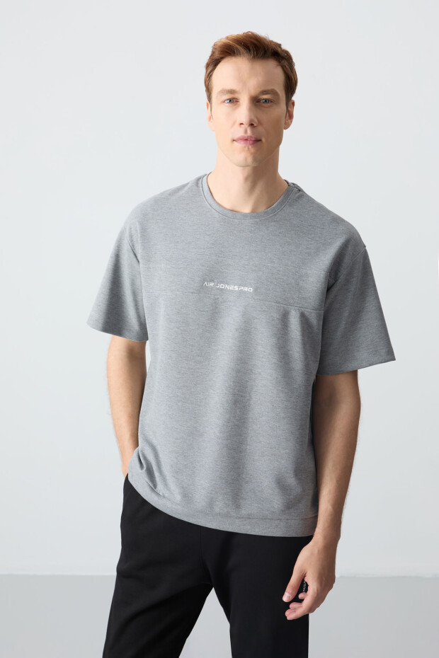 Gri Melanj Siyah Pamuklu Kalın Yumuşak Dokulu Oversize Fit Basic Erkek Eşofman Takım - 85261 - 4