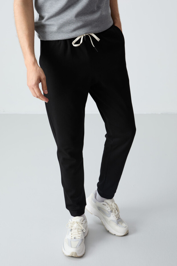 Gri Melanj Siyah Pamuklu Kalın Yumuşak Dokulu Oversize Fit Basic Erkek Eşofman Takım - 85261 - 6