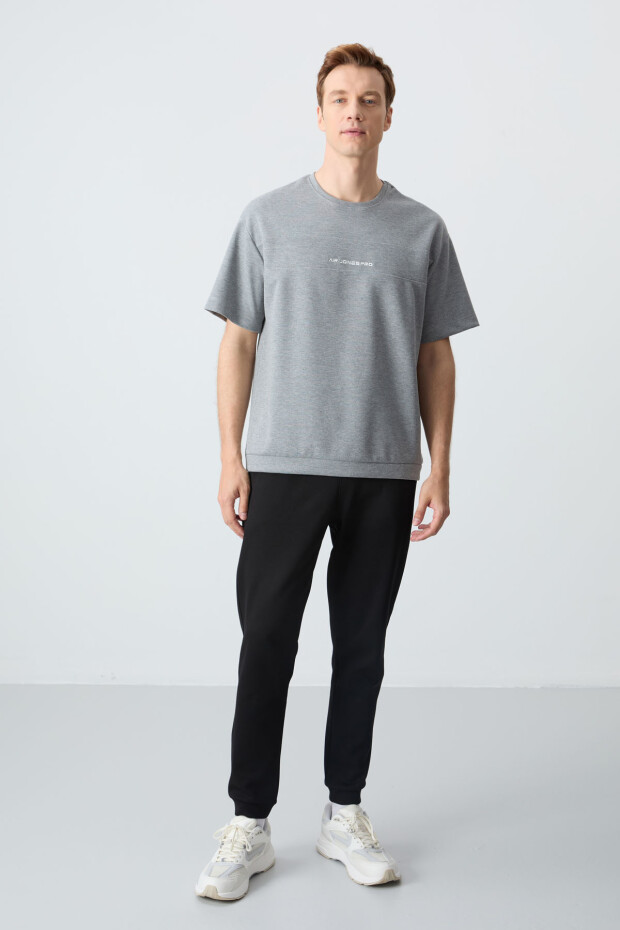 Gri Melanj Siyah Pamuklu Kalın Yumuşak Dokulu Oversize Fit Basic Erkek Eşofman Takım - 85261 - 1
