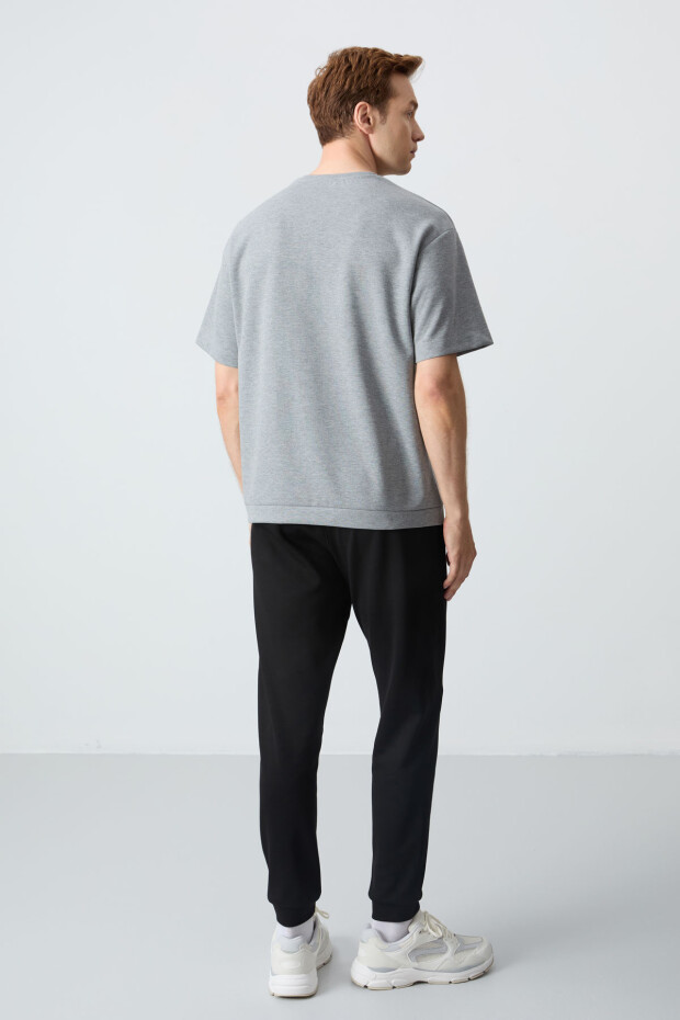 Gri Melanj Siyah Pamuklu Kalın Yumuşak Dokulu Oversize Fit Basic Erkek Eşofman Takım - 85261 - 8