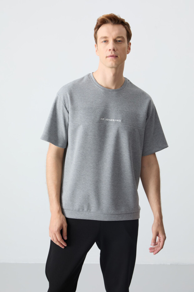 Gri Melanj Siyah Pamuklu Kalın Yumuşak Dokulu Oversize Fit Basic Erkek Eşofman Takım - 85261 - 7