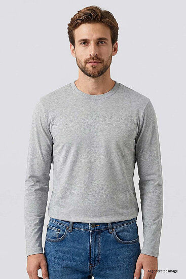 Gri Melanj Standart Fit Basic O Yaka Uzun Kollu İnce Erkek T-Shirt - 87997 