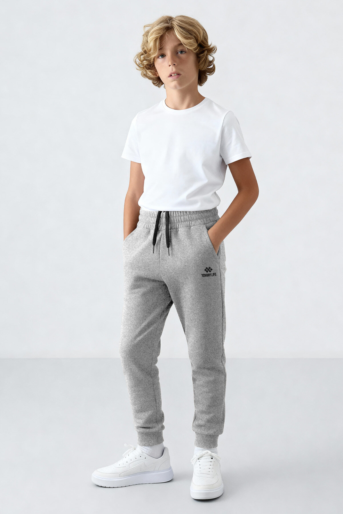 Gri Melanj Standart Fit Manşetli İnce Erkek Çocuk Eşofman Alt - 11062 - TOMMYLIFE