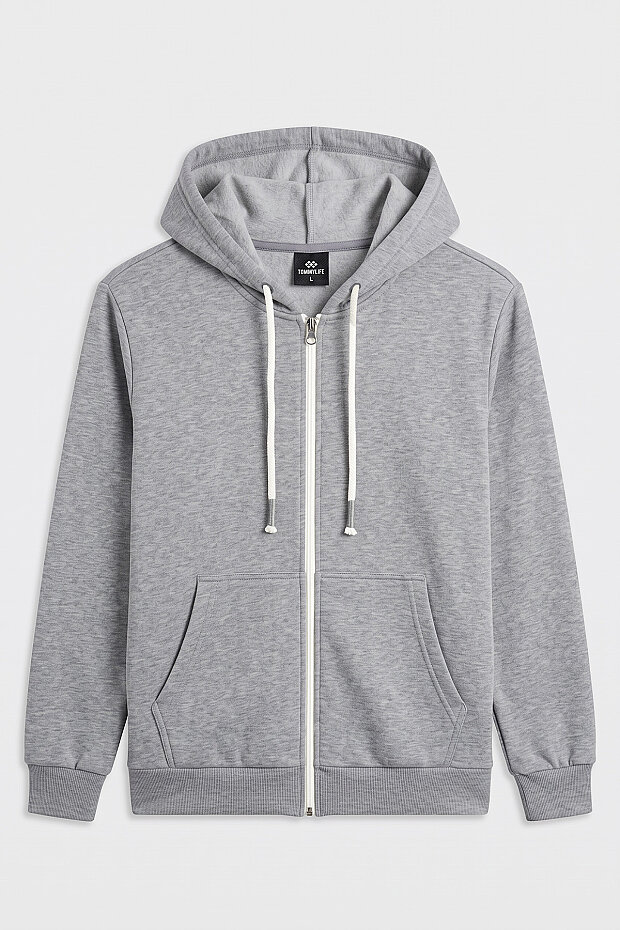 Gri Melanj Standart Kalıp Basic Fermuarlı Erkek Sweatshirt - 88514 - 6