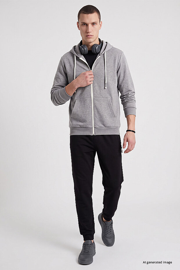 Gri Melanj Standart Kalıp Basic Fermuarlı Erkek Sweatshirt - 88514 - 2
