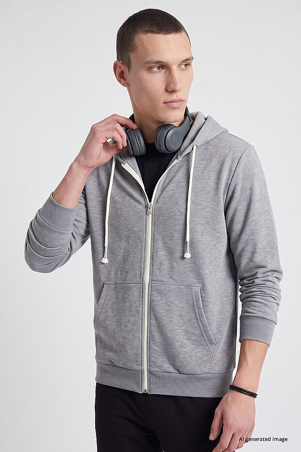 Gri Melanj Standart Kalıp Basic Fermuarlı Erkek Sweatshirt - 88514 - 1