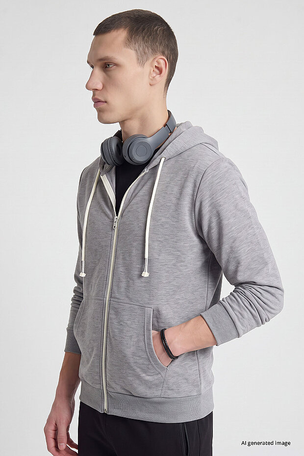 Gri Melanj Standart Kalıp Basic Fermuarlı Erkek Sweatshirt - 88514 - 3
