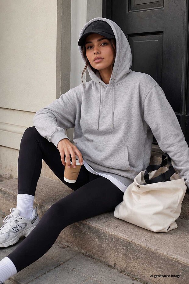 Gri Melanj Standart Kapüşonlu Kanguru Cepli Basic Kadın Sweatshirt - 97321 - 2