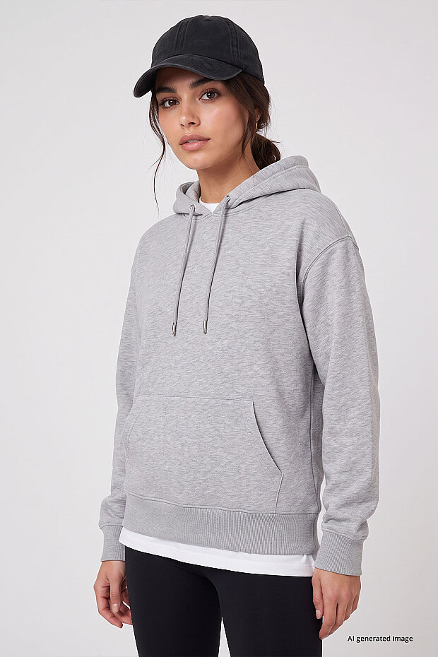 Gri Melanj Standart Kapüşonlu Kanguru Cepli Basic Kadın Sweatshirt - 97321 - 1