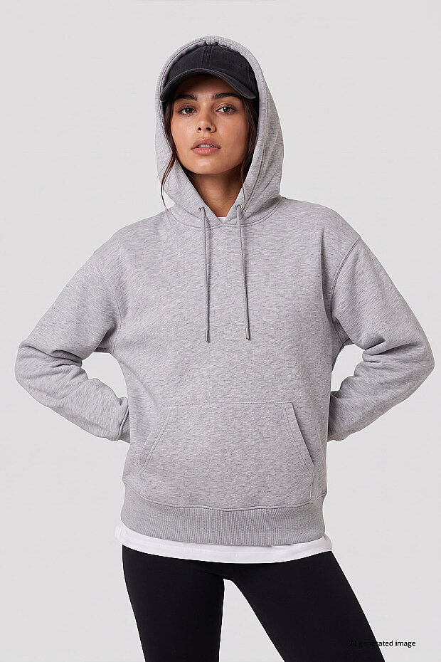 Gri Melanj Standart Kapüşonlu Kanguru Cepli Basic Kadın Sweatshirt - 97321 - 3