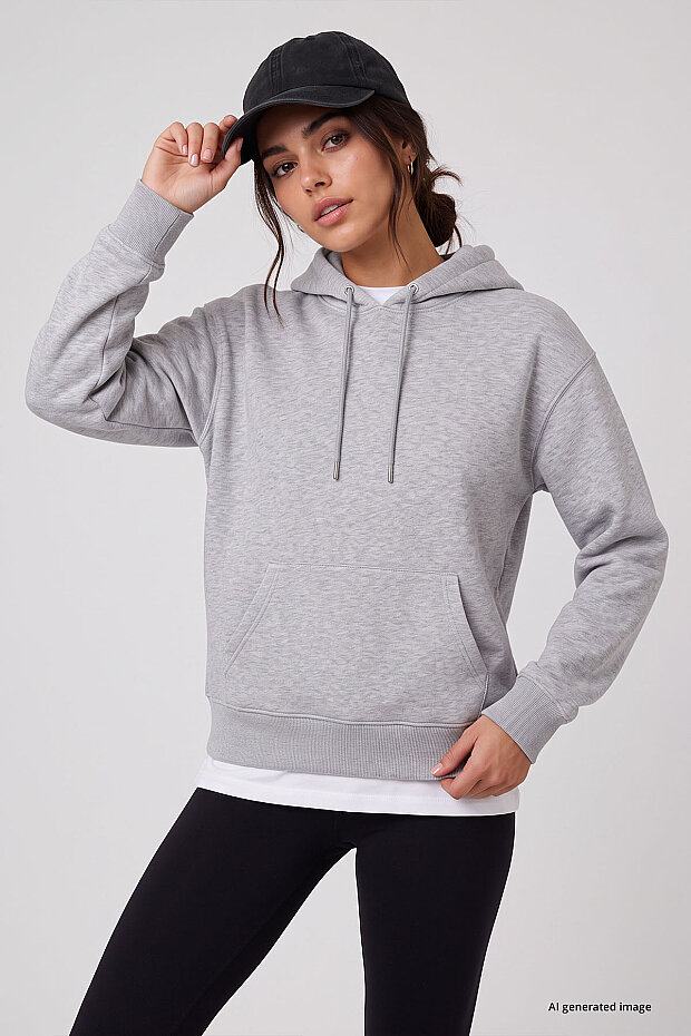 Gri Melanj Standart Kapüşonlu Kanguru Cepli Basic Kadın Sweatshirt - 97321 - 6