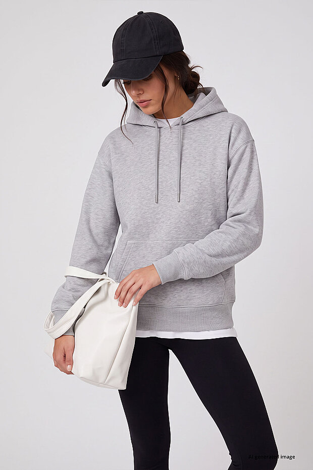 Gri Melanj Standart Kapüşonlu Kanguru Cepli Basic Kadın Sweatshirt - 97321 - 7