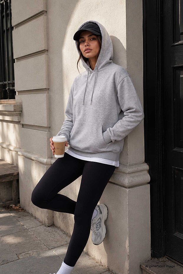 Gri Melanj Standart Kapüşonlu Kanguru Cepli Basic Kadın Sweatshirt - 97321 - 8