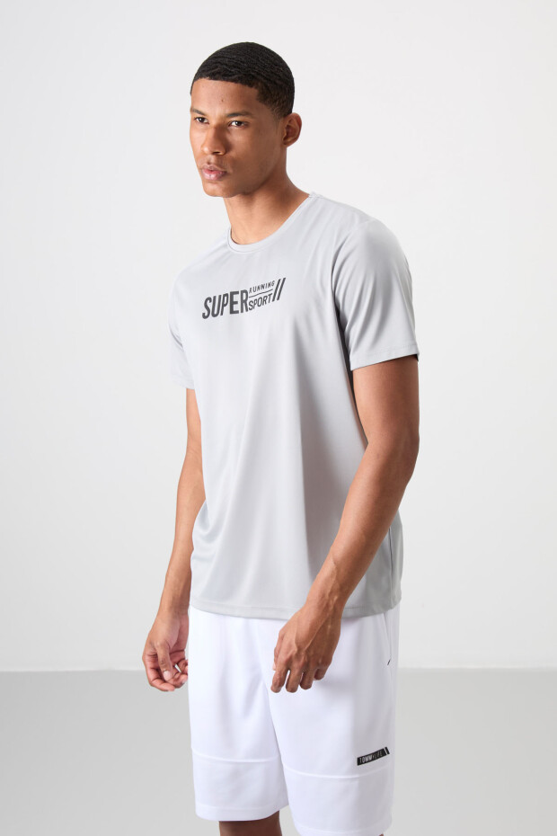 Gri Nefes Alan Dokulu İnce Esnek Standart Fit Erkek Performans T-Shirt - 88385 - 4