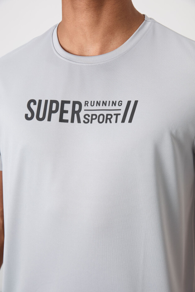 Gri Nefes Alan Dokulu İnce Esnek Standart Fit Erkek Performans T-Shirt - 88385 - 3