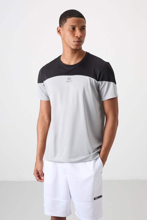 Gri Nefes Alan Dokulu İnce Esnek Standart Fit Erkek Performans T-Shirt - 88386 - 4