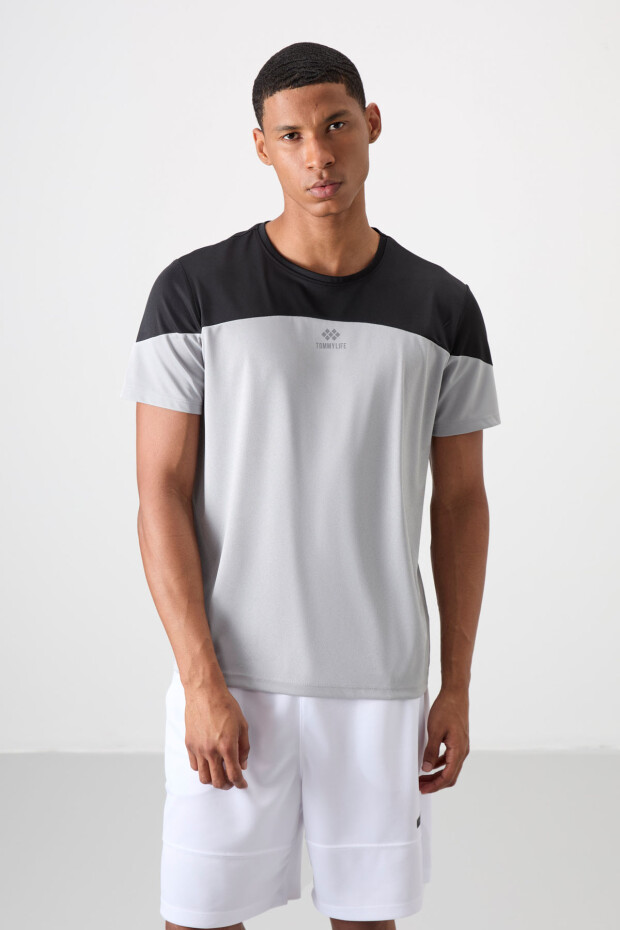 Gri Nefes Alan Dokulu İnce Esnek Standart Fit Erkek Performans T-Shirt - 88386 - 1