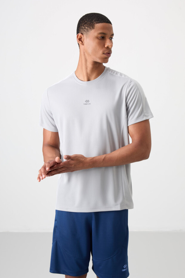 Gri Nefes Alan Dokulu İnce Esnek Standart Fit Erkek Performans T-Shirt - 88390 - 1