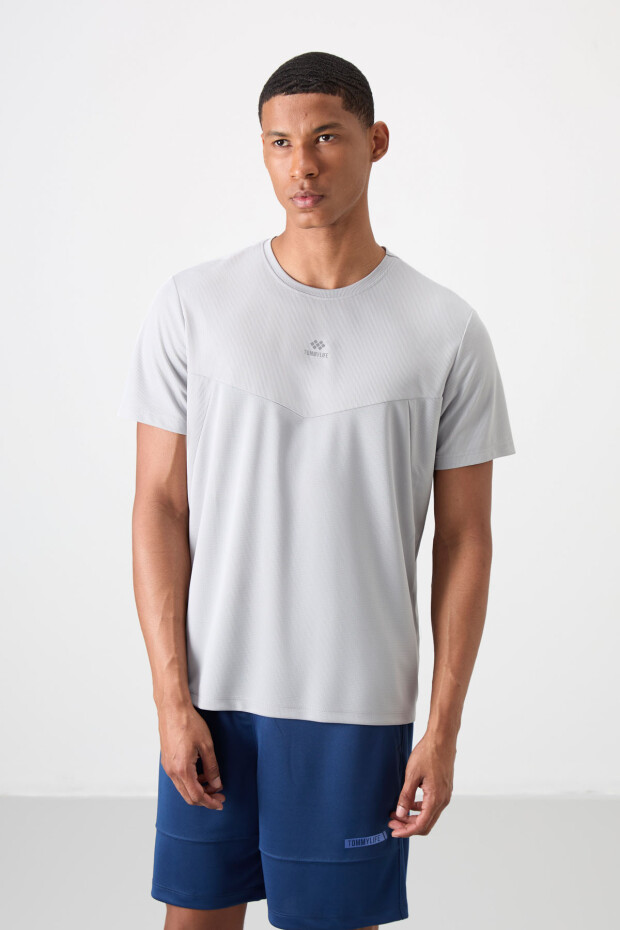 Gri Nefes Alan Dokulu İnce Esnek Standart Fit Erkek Performans T-Shirt - 88391 - 3