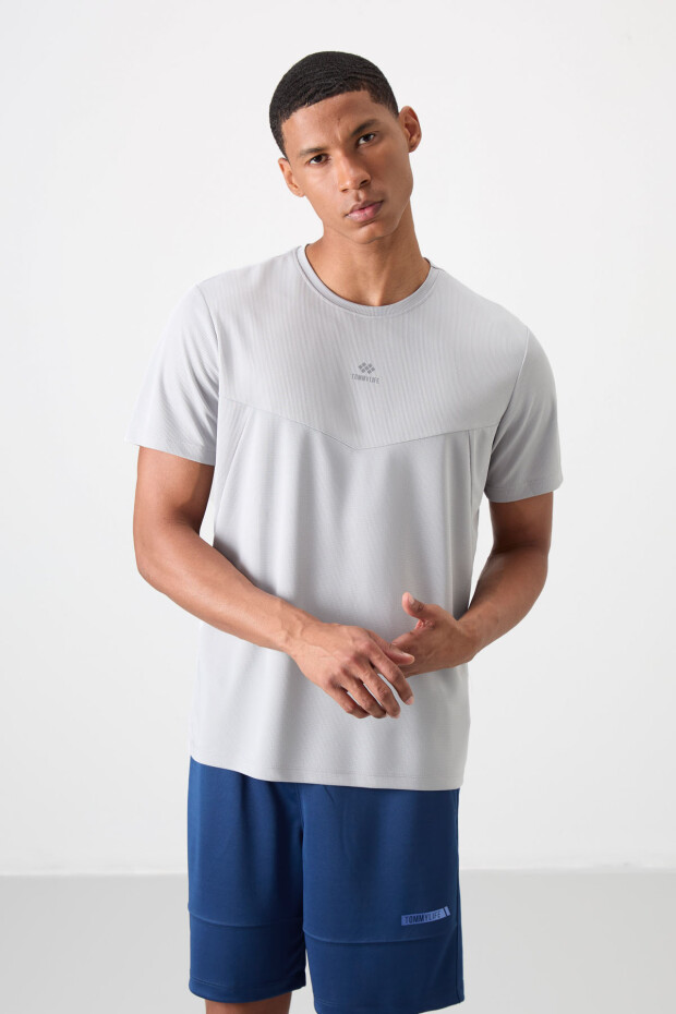 Gri Nefes Alan Dokulu İnce Esnek Standart Fit Erkek Performans T-Shirt - 88391 - 6