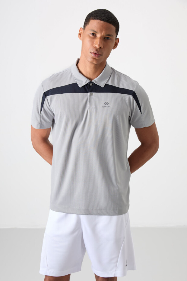 Gri Nefes Alan Dokulu İnce Esnek Standart Fit Polo Yaka Erkek Performans T-Shirt - 88392 - 1