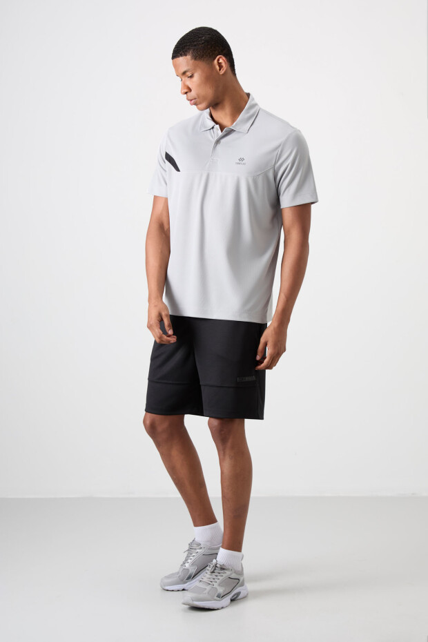 Gri Nefes Alan Dokulu İnce Esnek Standart Fit Polo Yaka Erkek Performans T-Shirt - 88402 - 2