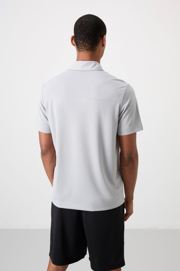 Gri Nefes Alan Dokulu İnce Esnek Standart Fit Polo Yaka Erkek Performans T-Shirt - 88402 - 5