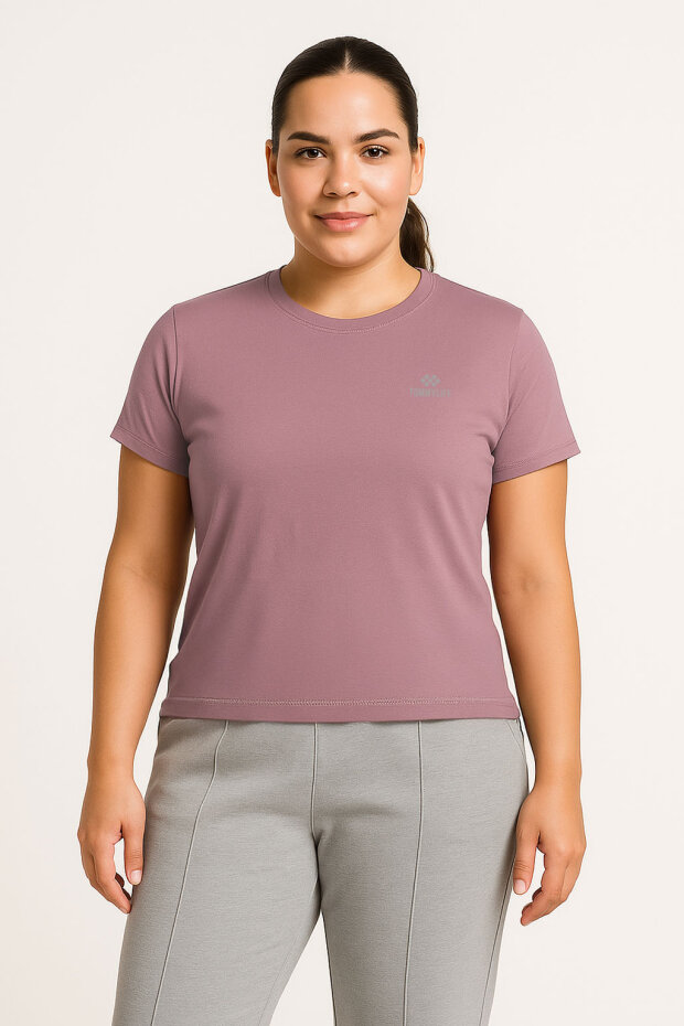 Gül Kurusu Baskılı O Yaka Rahat Form Battal Büyük Beden Kadın T-Shirt - 97308 - 1