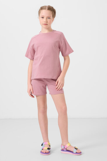 Gül Kurusu Pamuklu Yumuşak Dokulu Standart Fit Basic Kız Çocuk Şort Takım - 75184 