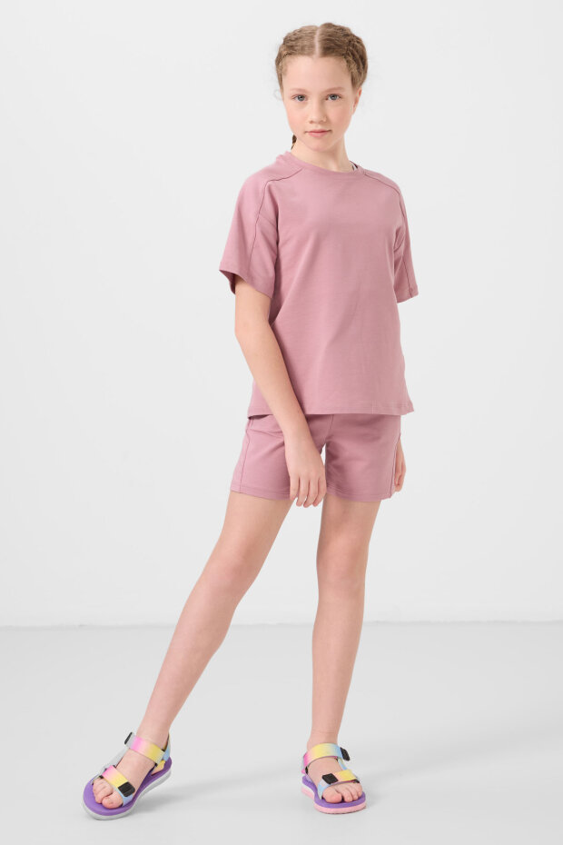 Gül Kurusu Pamuklu Yumuşak Dokulu Standart Fit Basic Kız Çocuk Şort Takım - 75184 - 5