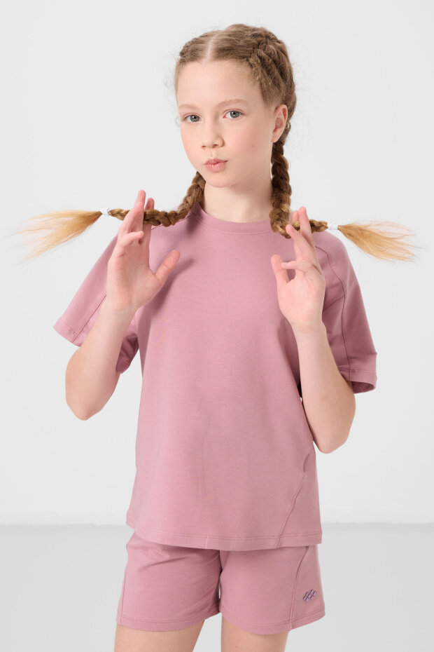 Gül Kurusu Pamuklu Yumuşak Dokulu Standart Fit Basic Kız Çocuk Şort Takım - 75184 - 3