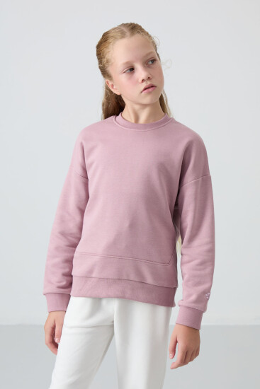 Gül Kurusu Pamuklu İçi Tüylü Yumuşak Dokulu Oversize Nakışlı Kız Çocuk Sweatshirt - 75150 