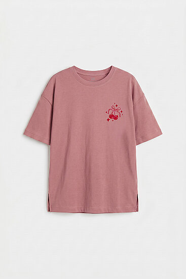 Gül Kurusu Oversize Kısa Kollu Baskılı Kız Çocuk T-Shirt - 75176 