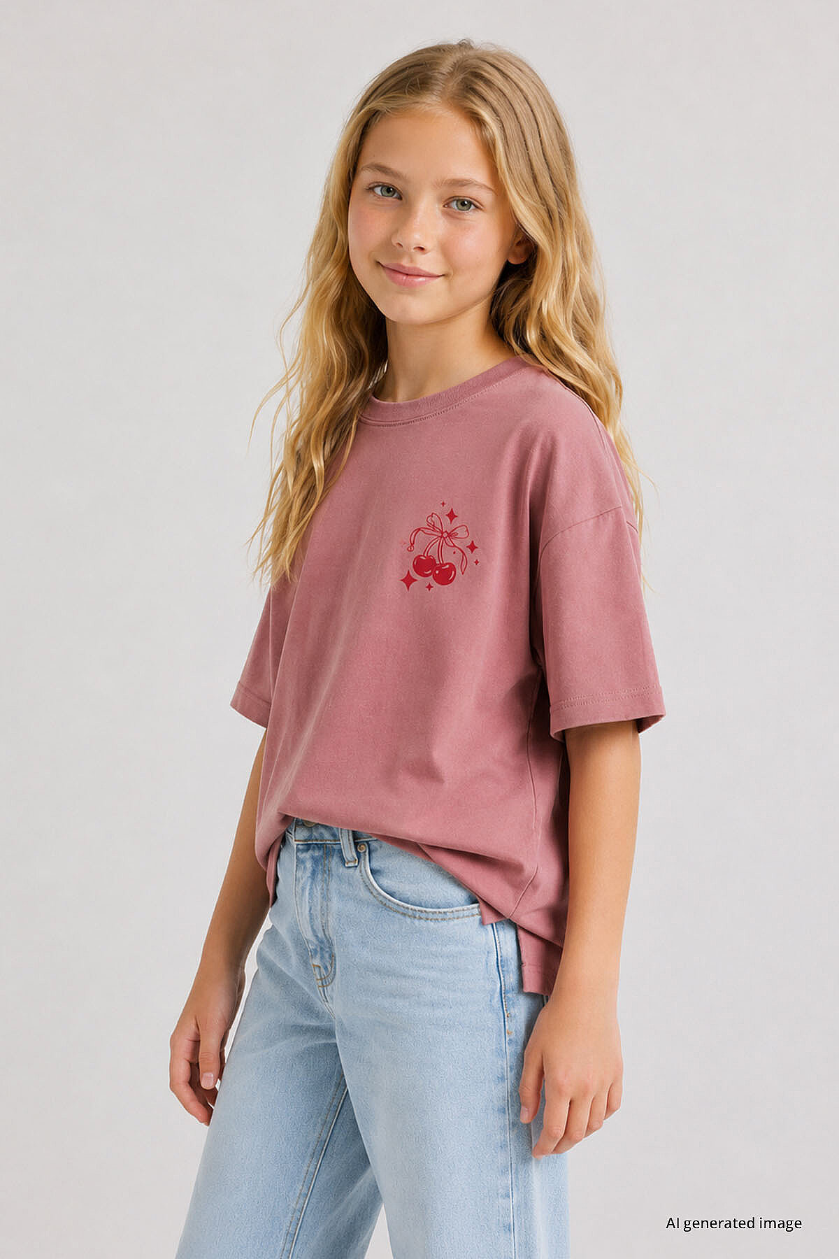 Gül Kurusu Oversize Kısa Kollu Baskılı Kız Çocuk T-Shirt - 75176 - TOMMYLIFE (1)
