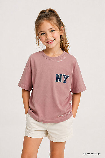 Gül Kurusu Rahat Form Kısa Kollu Baskılı Kız Çocuk T-Shirt - 75174 