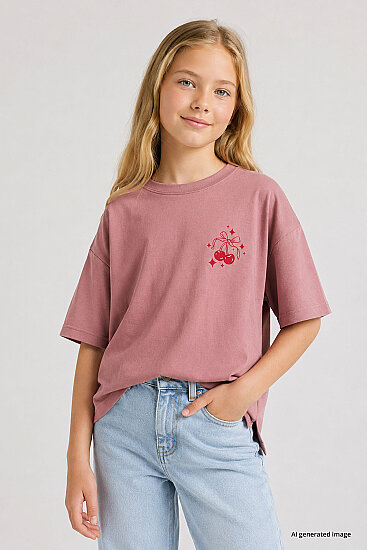 Gül Kurusu Oversize Kısa Kollu Baskılı Kız Çocuk T-Shirt - 75176 