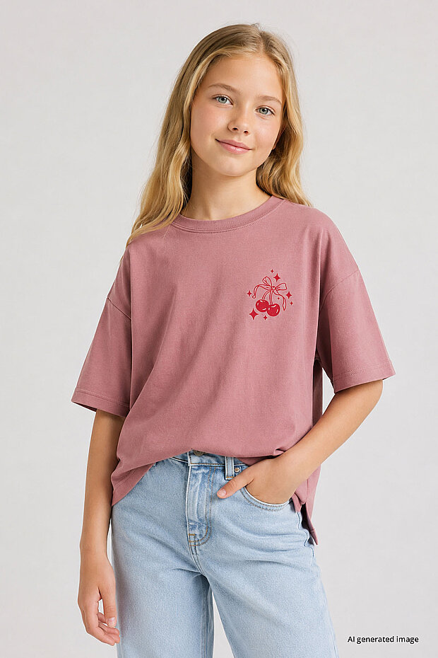 Gül Kurusu Oversize Kısa Kollu Baskılı Kız Çocuk T-Shirt - 75176 - 1