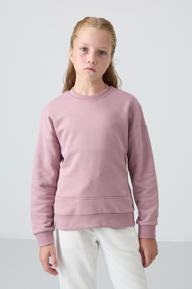 Gül Kurusu Pamuklu İçi Tüylü Yumuşak Dokulu Rahat Form Nakışlı Kız Çocuk Sweatshirt - 75150 - 5
