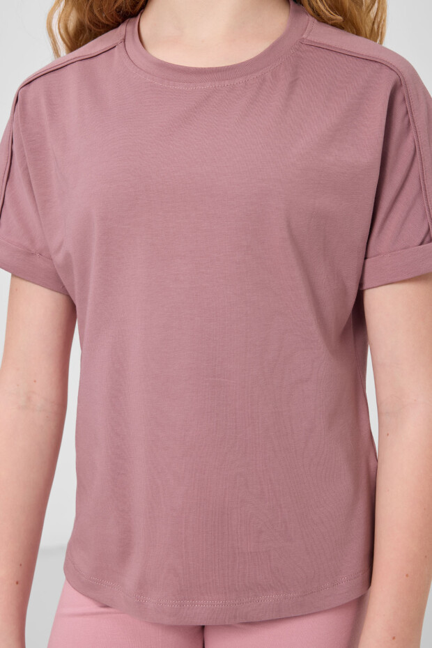 Gül Kurusu Pamuklu O Yaka Standart Kalıp Basic Kız Çocuk T-Shirt - 75182 - 6