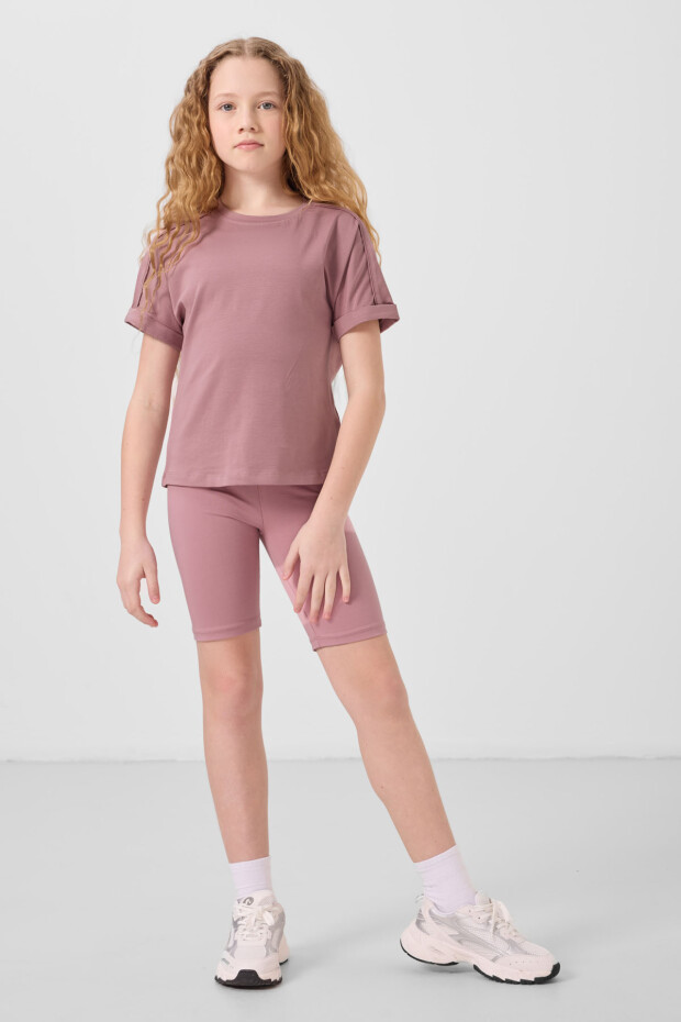 Gül Kurusu Pamuklu O Yaka Standart Kalıp Basic Kız Çocuk T-Shirt - 75182 - 3