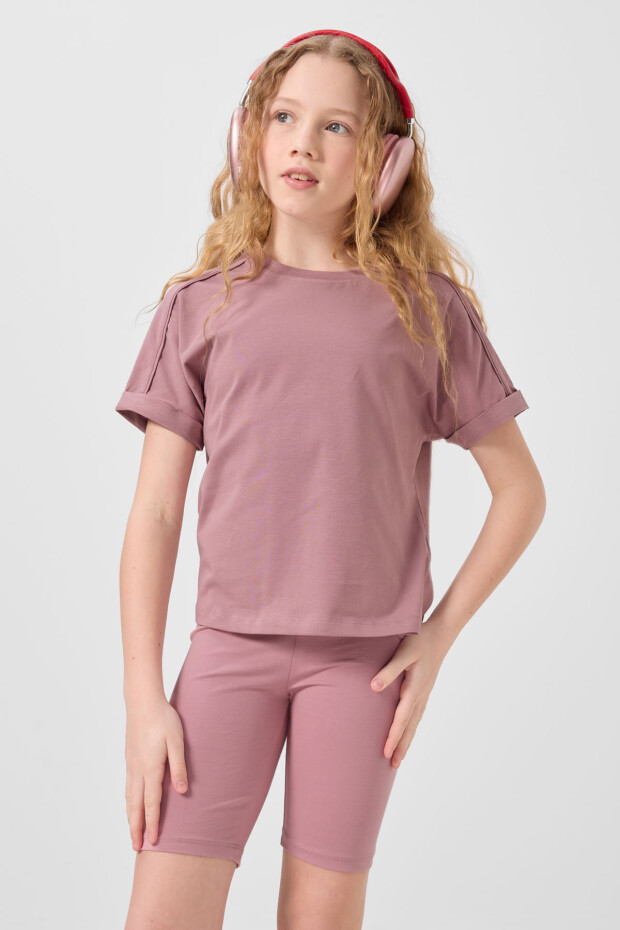 Gül Kurusu Pamuklu O Yaka Standart Kalıp Basic Kız Çocuk T-Shirt - 75182 - 5