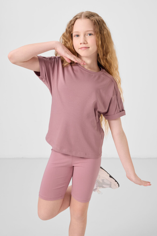 Gül Kurusu Pamuklu O Yaka Standart Kalıp Basic Kız Çocuk T-Shirt - 75182 - 2
